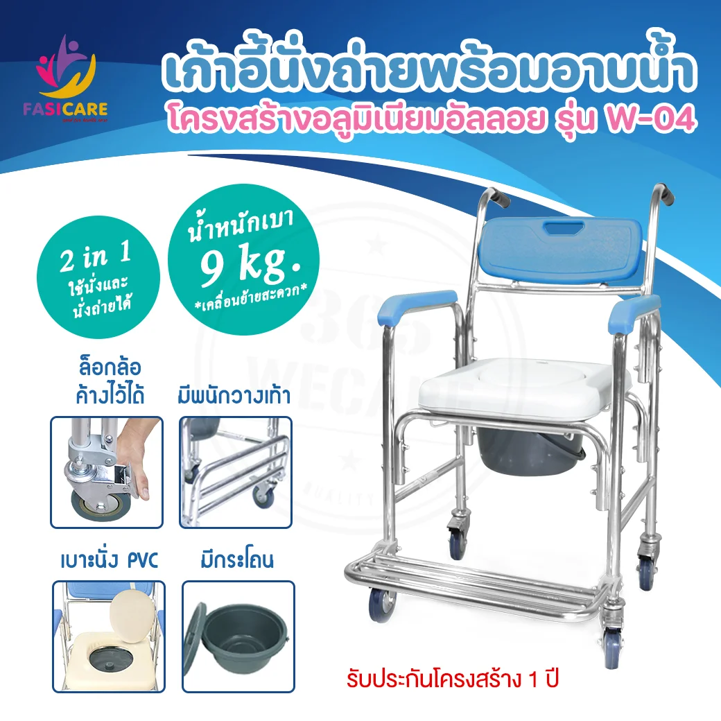 FASICARE ฟาซิแคร์ เก้าอี้นั่งถ่าย พร้อมอาบน้ำ มีล้อ มีที่วางเท้า รุ่น W-04สีฟ้า เบาะนุ่มนั่งสบาย